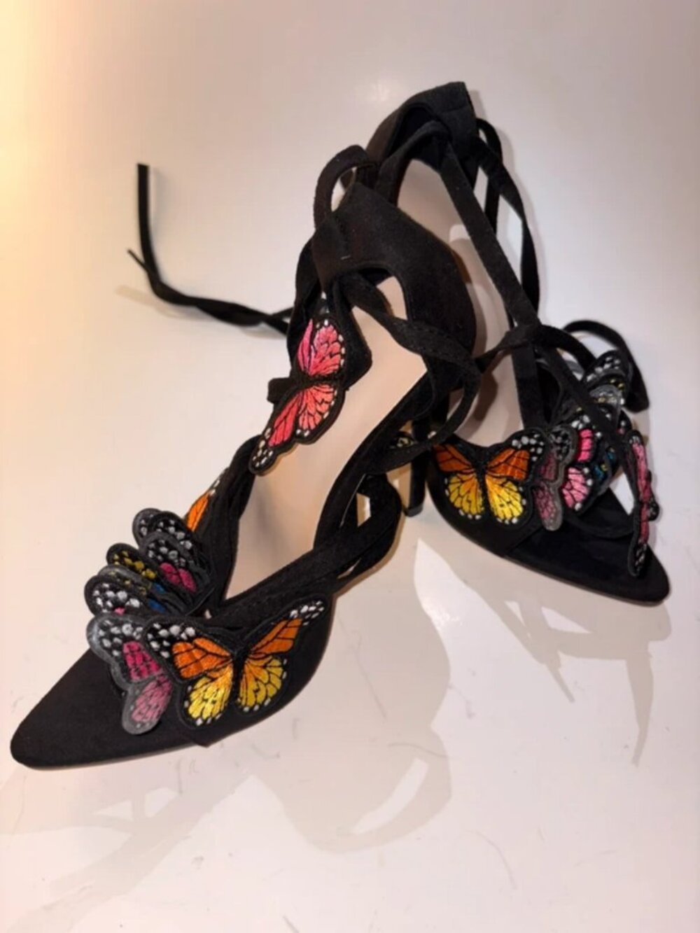Black butterfly heels lace up ankle strap pointed toe high heels women size 6.5
